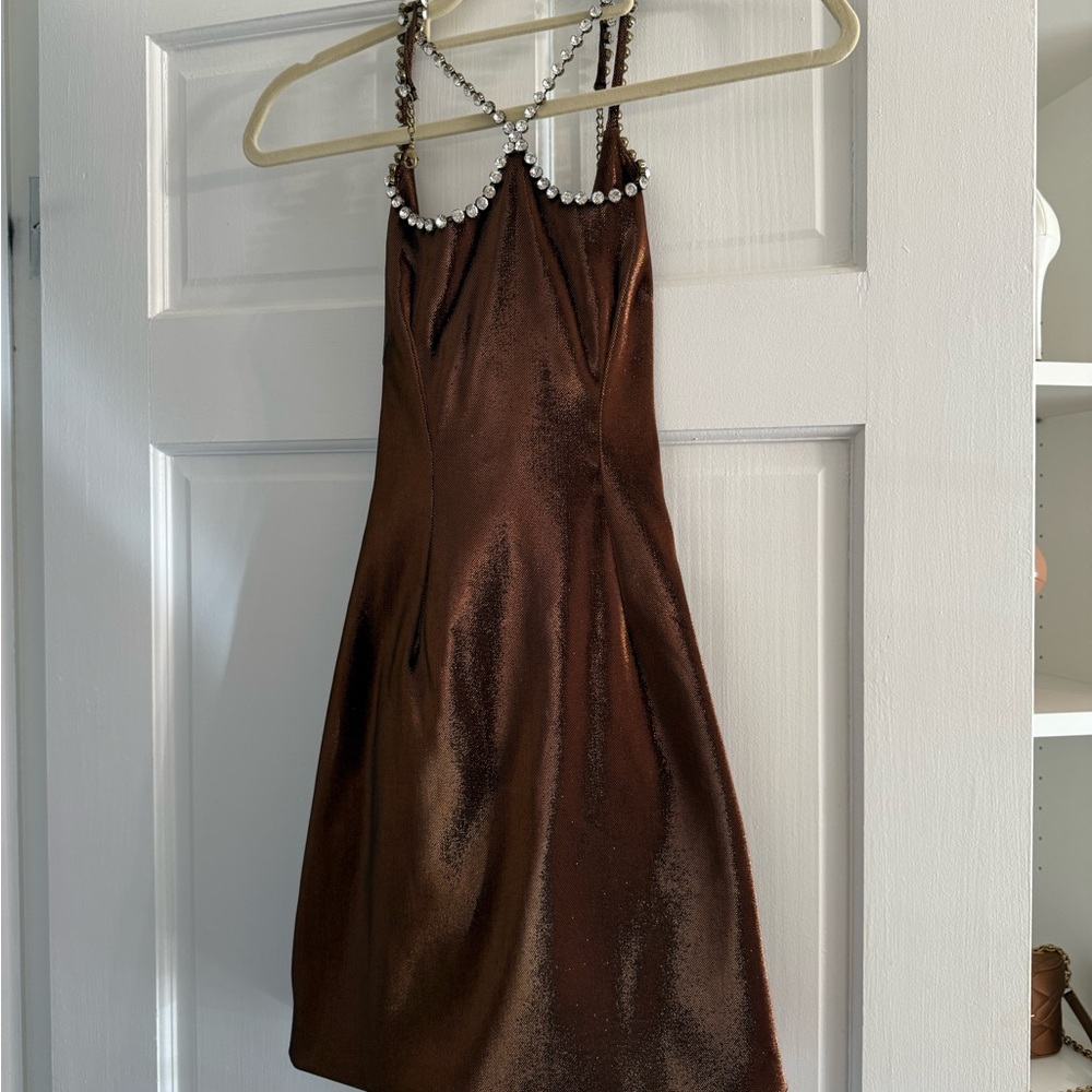 AREA Brown Satin Dress with Pearl Straps